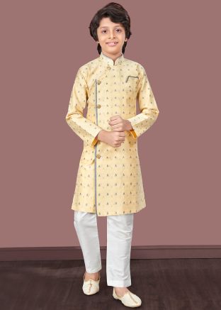 Gold Readymade Kids Woven Indowestern Sherwani Set