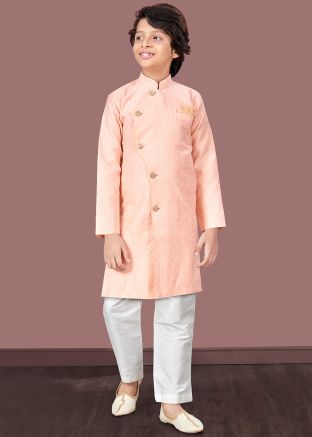 Peach Readymade Kids Indowestern Sherwani In Woven Work