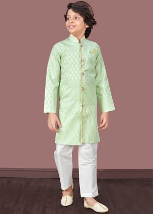 Pastel Green Readymade Kids Jacquard Indowestern Sherwani