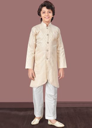 Readymade Woven Work Kids Indowestern Sherwani In Cream