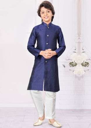 Blue Woven Readymade Kids Indowestern Sherwani In Jacquard