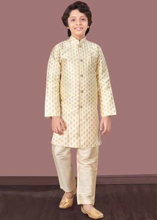 Cream Readymade Kids Indowestern Sherwani In Woven Work