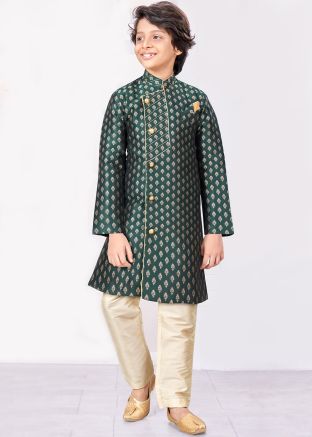 Green Readymade Woven Kids Jacquard Indowestern Sherwani 