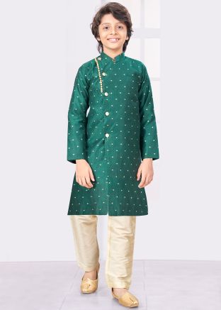 Readymade Woven Kids Jacquard Indowestern Sherwani In Green