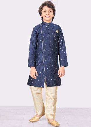 Blue Readymade Kids Woven Indowestern Sherwani In Jacquard