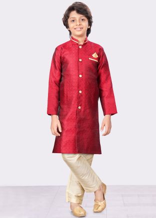 Maroon Readymade Woven Kids Indowestern Sherwani 