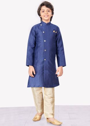 Blue Readymade Kids Woven Work Indowestern Sherwani Set