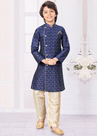 Blue Readymade Kids Woven Work Indowestern Sherwani