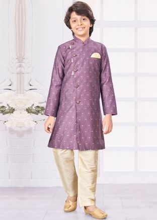 Readymade Jacquard Kids Indowestern Sherwani In Wine