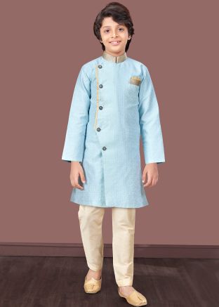 Pastel Blue Readymade Kids Woven Work Indowestern Sherwani