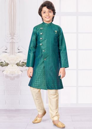 Green Readymade Kids Jacquard Indowestern Sherwani Set