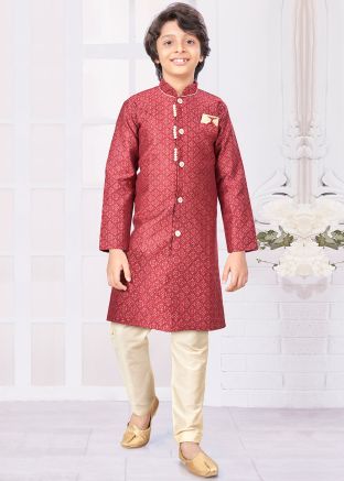 Maroon Readymade Woven Kids Jacquard Indowestern Sherwani