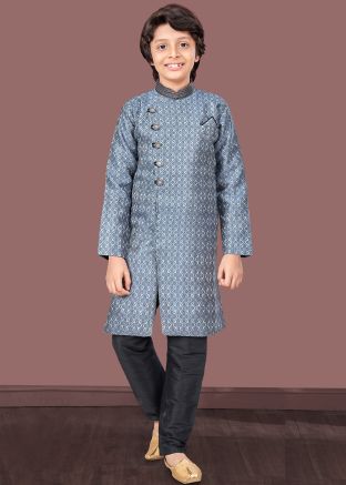 Grey Readymade Woven Work Kids Jacquard Indowestern Sherwani 