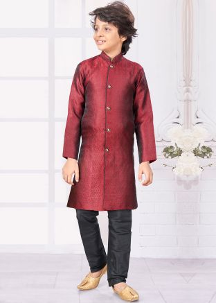 Maroon Readymade Kids Jacquard Indowestern Sherwani