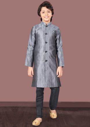 Readymade Woven Work Kids Jacquard Indowestern Sherwani In Grey 