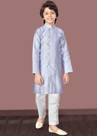 Lavender Readymade Woven Kids Indowestern Sherwani Set