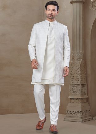 White Mens Indo Western Sherwani In Woven Work