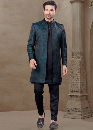 Black Woven Indo Western Sherwani Set