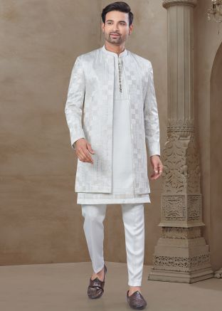 White Mens Indo Western Sherwani In Woven Work