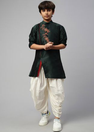 Dark Green Readymade Kids Embroidered Dhoti Kurta