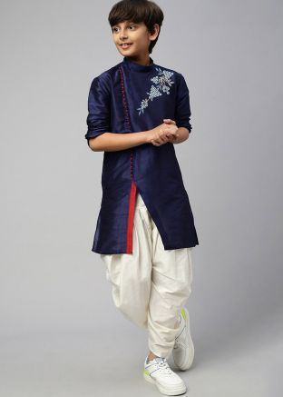 Navy Blue Readymade Kids Embroidered Dhoti Kurta