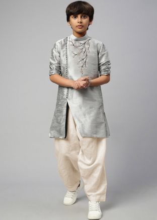 Grey Readymade Kids Embroidered Kurta Pant
