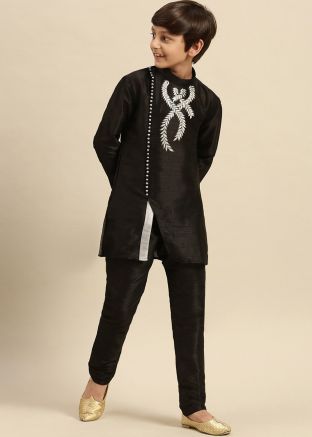 Black Kids Readymade Embroidered Kurta Pajama