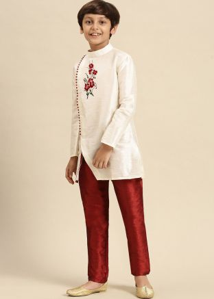 White Readymade Kids Embroidered Kurta & Pajama
