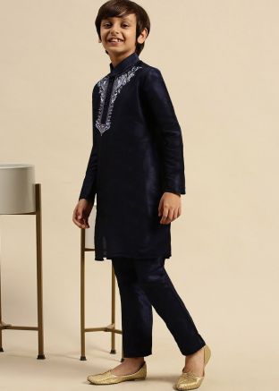 Kids Readymade Navy Blue Embroidered Kurta Pajama