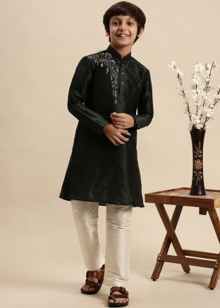 Kids Readymade Embroidered Black Kurta Pajama