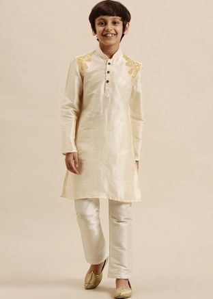 Kids Readymade Embroidered Cream Kurta Pajama