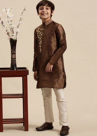 Brown Readymade Embroidered Kurta Pajama For Kids
