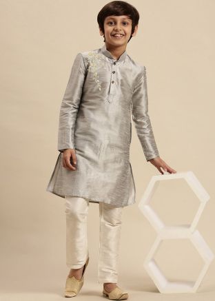 Grey Readymade Embroidered Kurta Pajama For Kids
