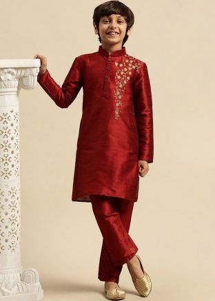 Maroon Readymade Embroidered Kurta Pajama For Kids