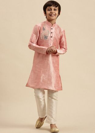 Pink Readymade Embroidered Kurta Pajama For Kids