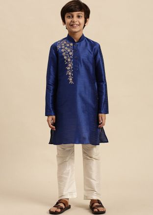Readymade Royal Blue Embroidered Kids Kurta Pajama
