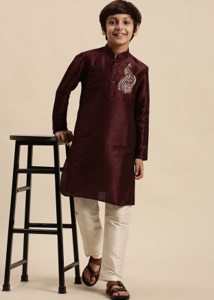 Readymade Wine Embroidered Kids Kurta Pajama