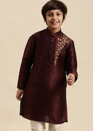 Readymade Wine Embroidered Kids Kurta Pajama Set