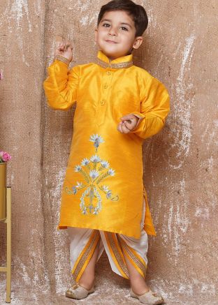 Mustard Yellow Embroidered Readymade Kids Dhoti Kurta