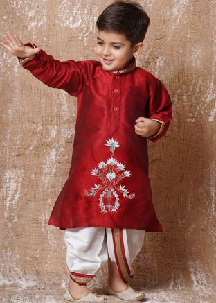 Maroon Readymade Embroidered Kids Dhoti With Kurta
