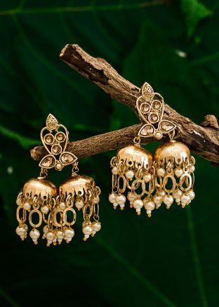 Pearl Beaded Golden Jhumka Earrings