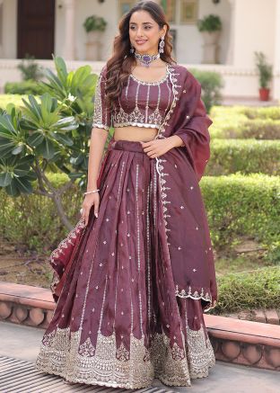 Wine Shimmer Lehenga Choli with Zari Embroidery