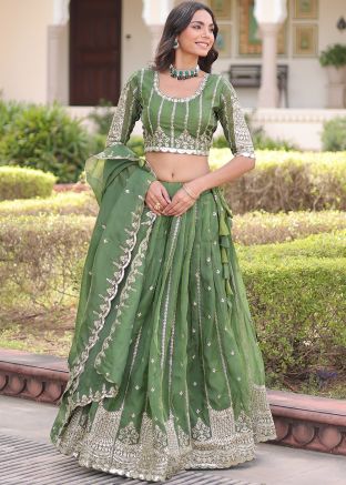 Green Shimmer Lehenga Choli With Zari Work