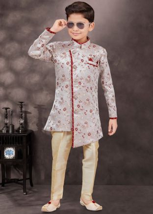 Grey Readymade Jacquard Kids Asymmetric Sherwani 