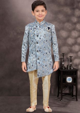 Grey Readymade Kids Asymmetric Sherwani In Jacquard