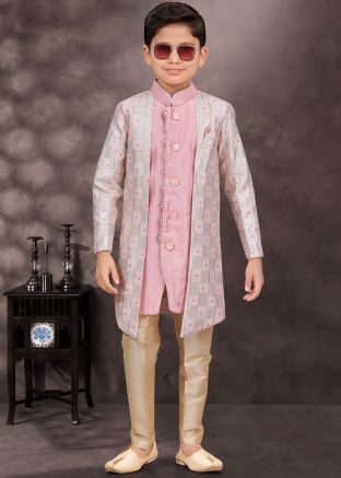 Pastel Pink Kids Readymade Jacket Style Sherwani