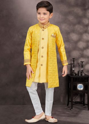 Yellow Kids Readymade Jacket style Sherwani In Banarasi Silk