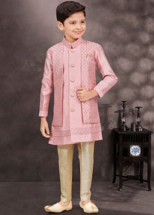 Pink Kids Readymade Jacket Style Banarasi Silk Sherwani Set