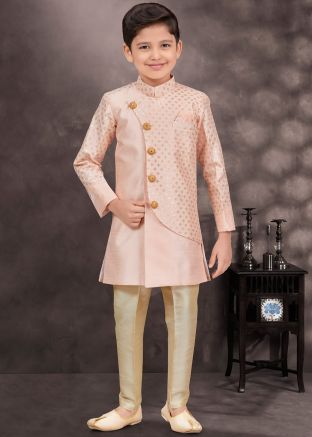 Peach Kids Readymade Indowestern Sherwani In Banarasi Silk