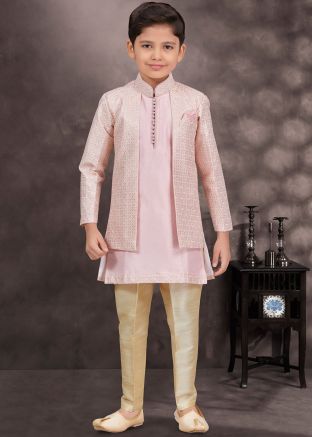 Pink Kids Readymade Jacket Style Banarasi Silk Sherwani Set